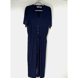 Susan Graver Liquid Knit Button-Front Jumpsuit Womens PL Navy Adjustable Waist